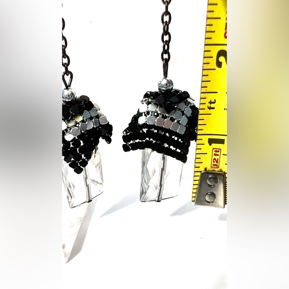 Vintage Retro Dangle Black And Silver Tone Metal Chain And Crystal Hook Earrings - Picture 5 of 8